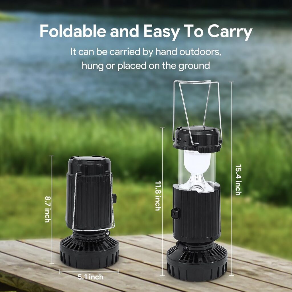 Camping Lantern with Fan - Solar  USB Rechargeable Camping Tent Light with Bluetooth Speaker, Battery Powered Collapsible Flashlight Lantern for Picnic, Barbecue, Hurricane Emergency