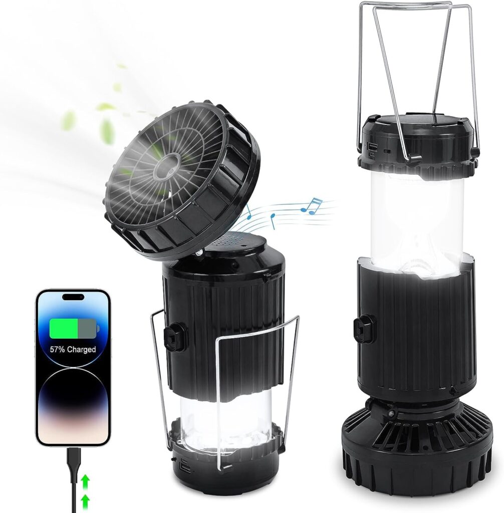 Camping Lantern with Fan - Solar  USB Rechargeable Camping Tent Light with Bluetooth Speaker, Battery Powered Collapsible Flashlight Lantern for Picnic, Barbecue, Hurricane Emergency