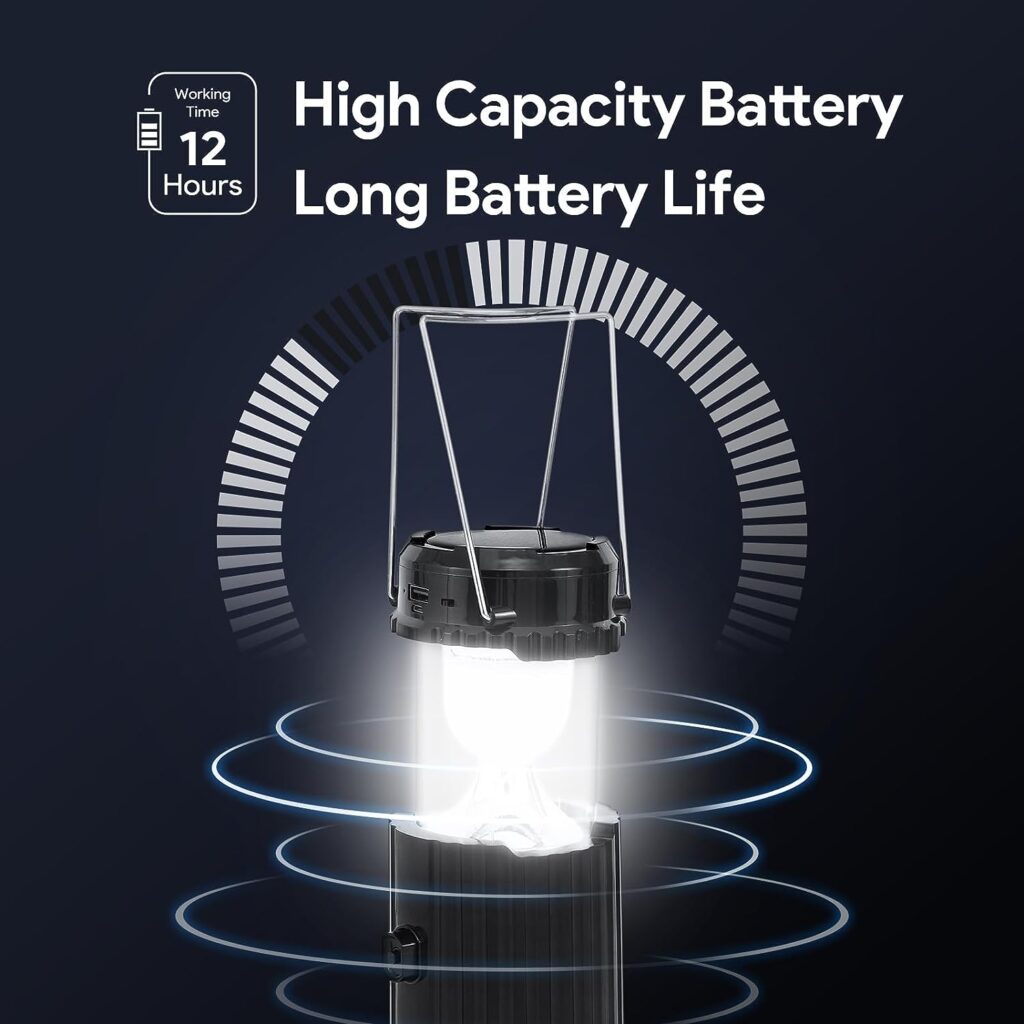 Camping Lantern with Fan - Solar  USB Rechargeable Camping Tent Light with Bluetooth Speaker, Battery Powered Collapsible Flashlight Lantern for Picnic, Barbecue, Hurricane Emergency