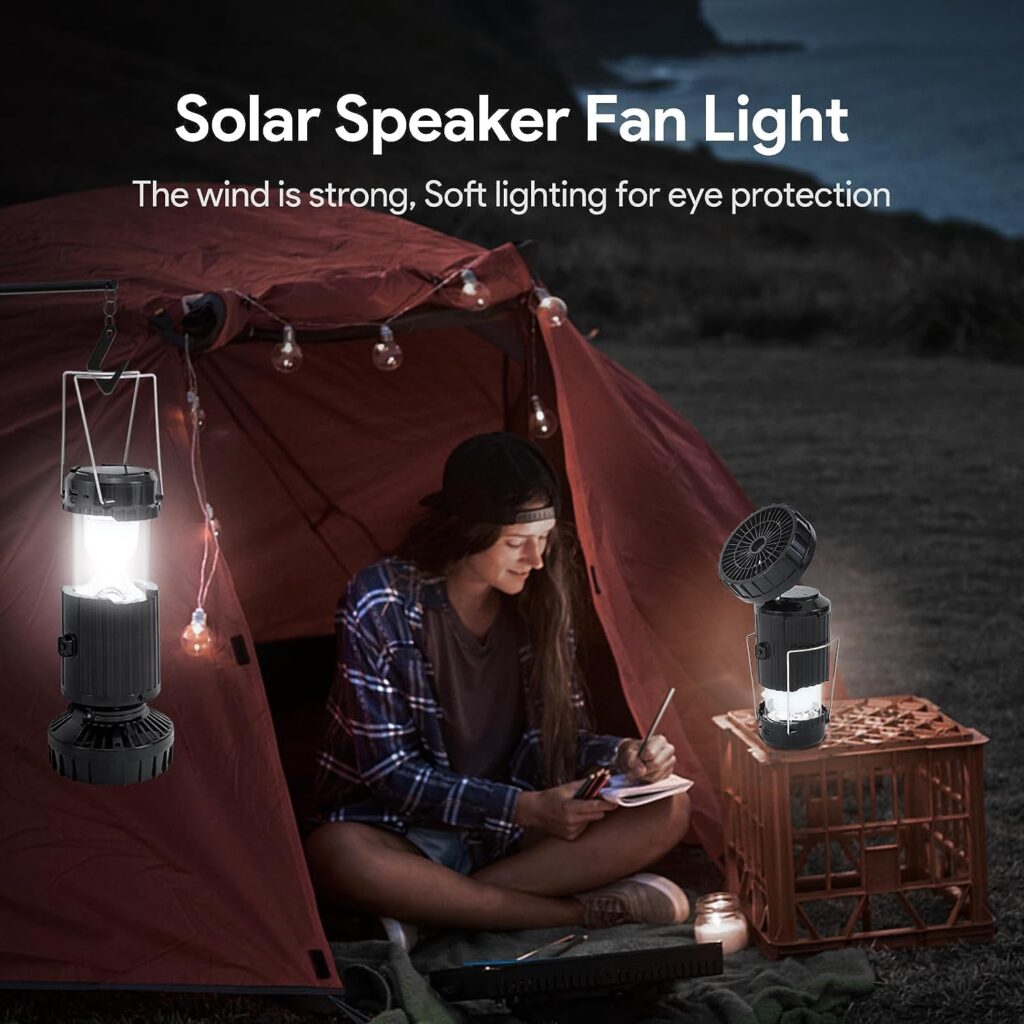 Camping Lantern with Fan - Solar  USB Rechargeable Camping Tent Light with Bluetooth Speaker, Battery Powered Collapsible Flashlight Lantern for Picnic, Barbecue, Hurricane Emergency